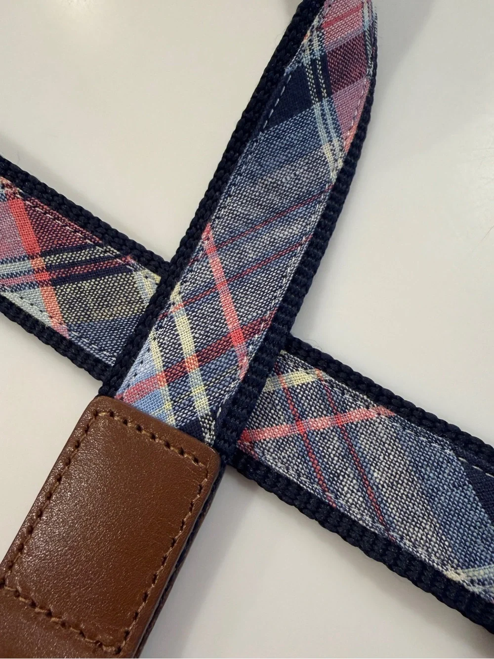 Janie and Jack Navy Plaid Canvas Belt with Brown Trim